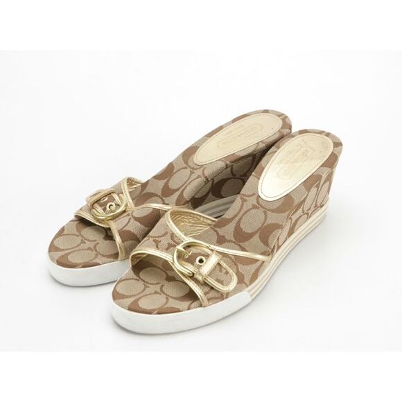 Coach Shoes - Coach Perry Signature Monogram Wedge Sandals – Gold & Khaki Canvas